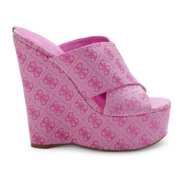 Guess Monogram printed Barbie pink high heel wedges slip-on Sandals sz 8.5 - Picture 2 of 8